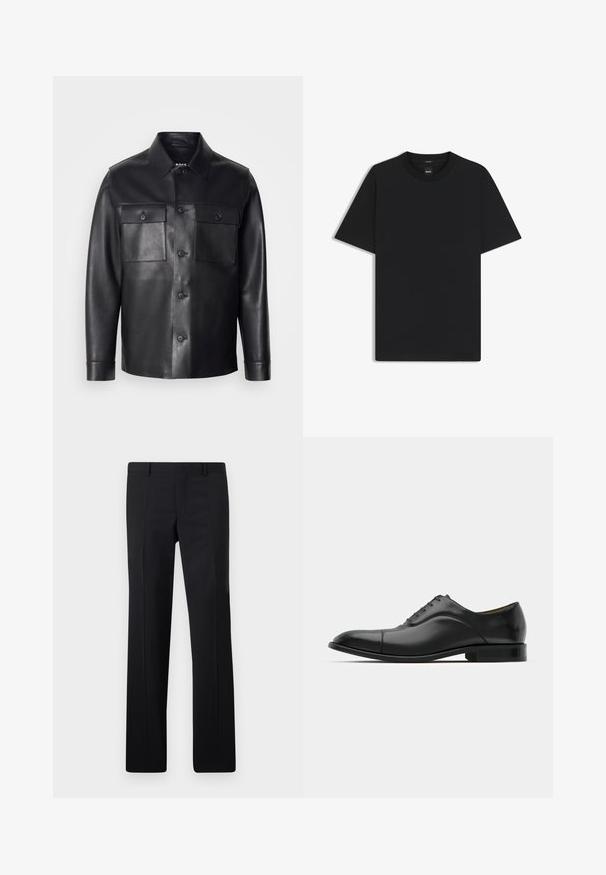 Schwarze Lederjacke mit durchgehender Knopfleiste, zwei Brusttaschen und klassischem Kragen. Verfügt über eine glatte Textur und einen taillierten Schnitt.; Schwarz T-Shirt mit kurzen Ärmeln aus einem glatten Baumwollmix, mit Rundhalsausschnitt und einem minimalistischen Design ohne Muster oder Akzente.; Schwarze maßgeschneiderte Hose mit geradem Schnitt, scharfen Falten und glatter Oberfläche. Hergestellt aus leichtem Stoff mit einem sauberen Bund.; Schwarze Leder-Dress-Schuhe mit glatter Textur, runder Zehenform und fünf Ösen. Sie verfügen über einen niedrigen, gestapelten Absatz und dezente Nahtdetails.