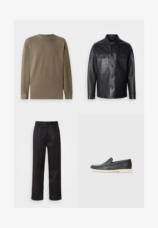 Jachetă din piele neagră cu închidere cu nasturi, două buzunare pe piept și un guler clasic. Prezintă o textură netedă și o croială ajustată.; Bluză texturată cu mânecă lungă de culoare verde măslinie, cu decolteu în formă de cerc și țesătură ribbed, având embleme tăiate drept și mâneci structurate.; Pantaloni negri dintr-un material neted, cu închidere prin nasture frontal, pliseuri și picioare drepte. Fără modele sau accente vizibile.; Pantofi loafers din piele neagră, cu un finisaj texturat și o talpă din cauciuc bej contrastantă. Au un accent subtil pe partea din față.