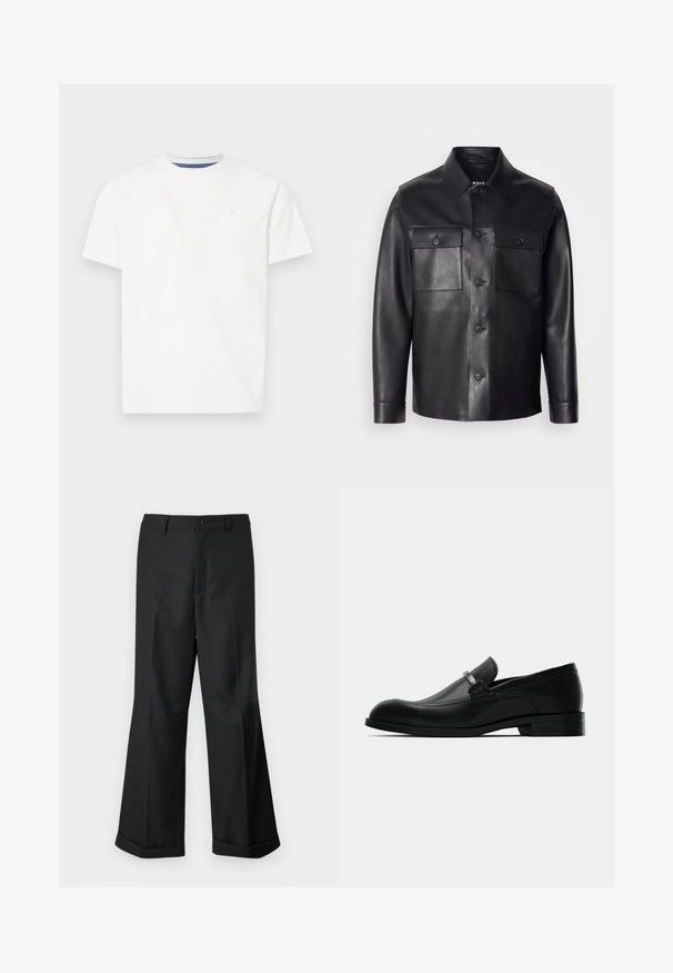 Jachetă din piele neagră cu închidere cu nasturi, două buzunare pe piept și un guler clasic. Prezintă o textură netedă și o croială ajustată.; Cămașă albă cu mâneci scurte, din bumbac. Are un decolteu rotund cu o bordură albastră la interior și un logo subtile brodat pe piept.; Pantaloni negri cu picioare largi, cu talie cu nasturi și margini răsucite, expuși pe un fundal alb simplu.; Mocasini pentru bărbați din piele neagră, cu detalii din metal la cataramă, toc jos și talpă branduită, prezentate din lateral pe un fond alb.