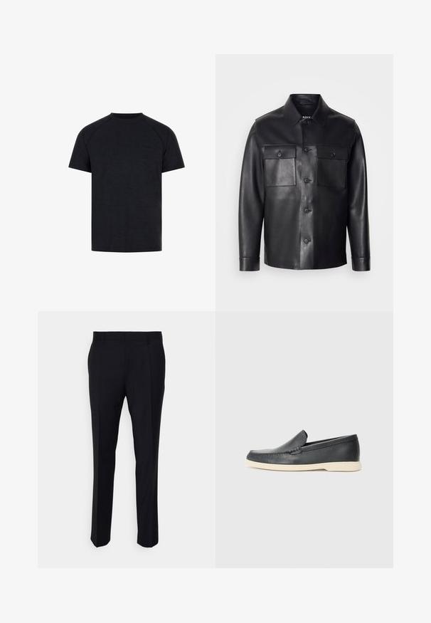 Černá kožená bunda s knoflíkovým zapínáním, dvěma náprsními kapsami a klasickým límcem. Vyznačuje se hladkou texturou a přiléhavým střihem.; Černé tričko s kulatým výstřihem vyrobené z hladké tkaniny. Obsahuje krátké raglánové rukávy a decentní vypouklé logo na přední části hrudníku.; Černé kalhoty vyrobené z tkané látky, s přizpůsobeným střihem, plochým předním dílem, bočními kapsami a rovnými nohavicemi.; Černé kožené mokasíny na klínku s texturovaným povrchem a kontrastní béžovou gumovou podrážkou. Vyznačují se jemným akcentem podél přední části.