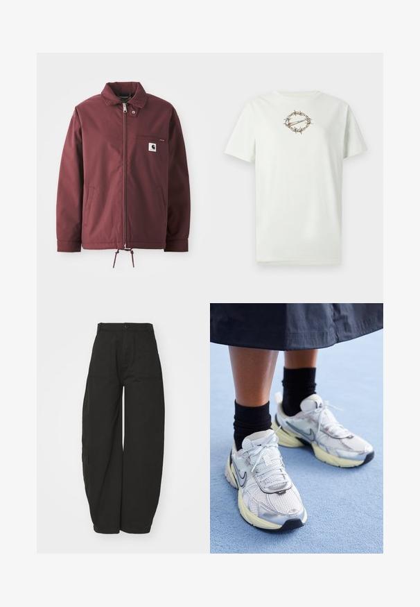 Burgunderfarbene Utility-Jacke aus strapazierfähigem Material. Mit einem Reißverschluss vorne, Stehkragen, Brusttasche und verstellbarem Kordelzug am Saum.; Hellgrünes Baumwoll-T-Shirt mit einem zentralen Motiv aus Stacheldraht, das ein Logo umgibt. Rundhalsausschnitt und kurze Ärmel. Weiche Textur.; Schwarzweite Hosen aus Baumwolle mit weitem Bein, hohem Bund, vorderem Knopfverschluss und Seitentaschen für Funktionalität.; Weiße und silberne Nike-Sneaker aus Mesh-Gewebe, mit reflektierenden Akzenten und einer beigen Sohle. Getragen mit schwarzen Socken und stehend auf einer blauen Fläche.