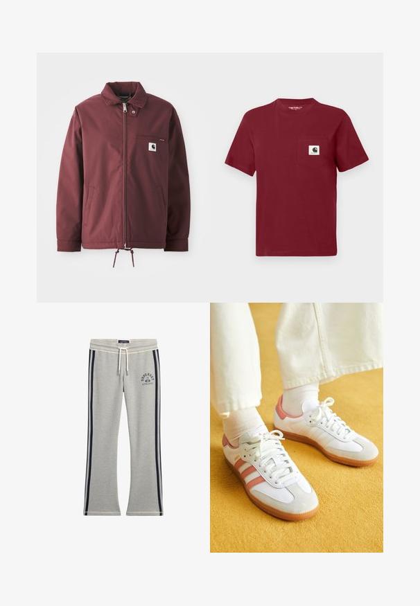 Chaqueta de utilidad burdeos hecha de un tejido duradero. Cuenta con cierre de cremallera en el frente, cuello alto, bolsillo en el pecho y cordón ajustable en el dobladillo.; Camiseta de algodón de manga corta roja, con un bolsillo en el lado izquierdo del pecho que presenta un parche de logo blanco. Cuello redondeado, corte casual.; Pantalones de chándal grises hechos de una mezcla de algodón, con franjas laterales en color marino, una cinturilla elástica y un estampado de logo en la parte superior izquierda.; Zapatillas deportivas blancas con acentos en rosa, materiales de ante y cuero, punta redonda y suela de goma, mostradas con calcetines de color claro sobre un fondo amarillo.