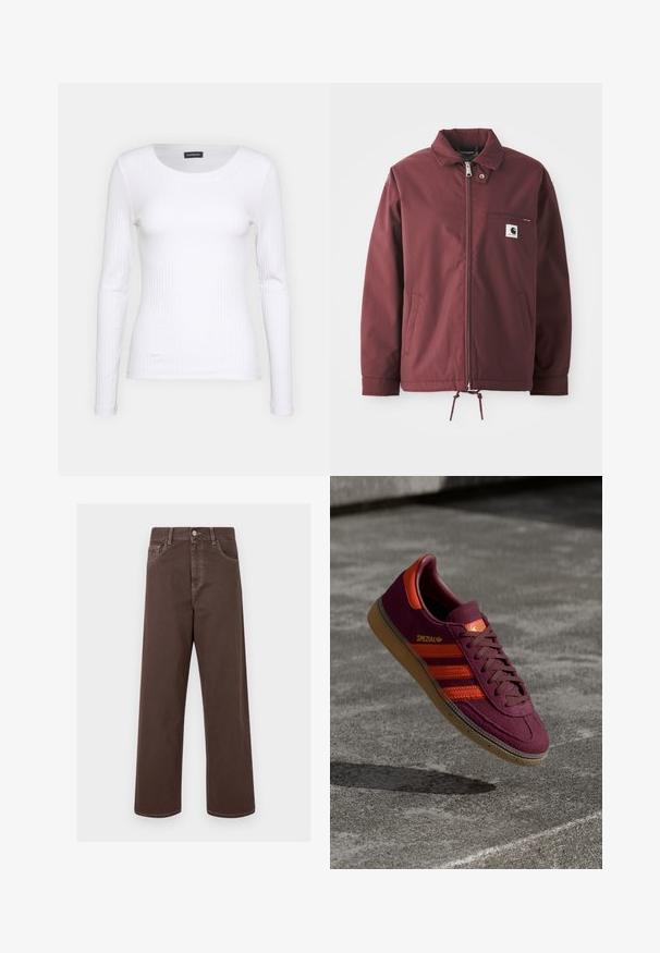 Burgunderfarbene Utility-Jacke aus strapazierfähigem Material. Mit einem Reißverschluss vorne, Stehkragen, Brusttasche und verstellbarem Kordelzug am Saum.; Weißes geripptes Langarmoberteil mit Rundhalsausschnitt. Aus einem dehnbaren Stoff gefertigt, der den Körper umschmeichelt. Verfügt über dezente horizontale Streifen.; Braune weit geschnittene Jeanshose mit kontrastierenden Nähten, fünf Taschen und einer metallenen Knopfverschlus. Glatte Textur, gerader Schnitt.; Bordeauxfarbene Wildleder-Sneaker mit orangen Streifen und Akzenten, braunen Schnürsenkeln und einer Gummisohle. Mit einem Logorabatt auf der Zunge.