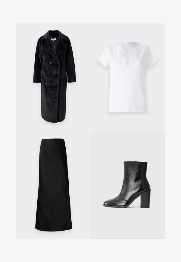 Fekete, dupla gombos műszőrme kabát, szögletes gallérral, hosszú ujjakkal és hat gombbal. Puha tapintású és közepes hosszúságú kialakítás.; Fehér pamut póló rövid ujjakkal, laza szabással és V-nyakkivágással, öt díszgombbal ellátott gombolással.; Norma Kamali BIAS OBIE SKIRT - Maxi szoknya - black; Fekete bőr bokacipő sima textúrával, hegyes orral és vastag, magas sarkával. Oldalnyílással és minimalista dizájnnal rendelkezik.