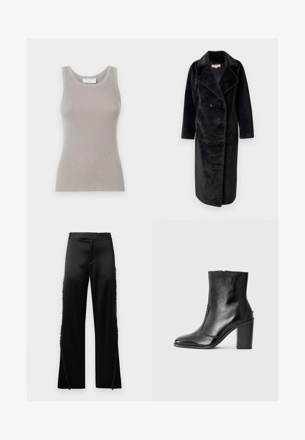 Palton negru din blană sintetică, cu două rânduri de nasturi, rever ascuțit, mâneci lungi și șase nasturi. Textură moale și design de lungime medie.; Top tank griș cu dungi, cu decolteu rotund și bretele late. Are o textură moale și un design care se formează pe corp. Eticheta mărcii este vizibilă.; Pantaloni negri din satin, cu picioare largi, având detalii cu franjuri de-a lungul cusăturilor laterale și o talie plată în față. Spatele este simplu, fără buzunare.; Botină din piele neagră, cu o textură netedă, vârf ascuțit și toc gros, înalt. Dispune de o deschidere laterală și un design minimalist.