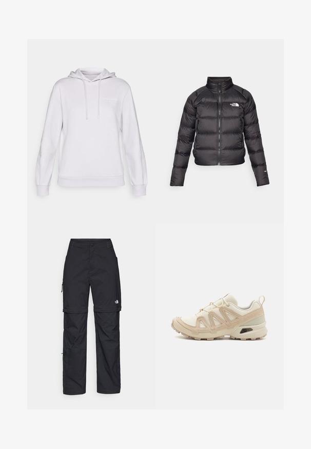 Černá péřová bunda s vysokým límcem, zipovým zapínáním a bočními kapsami. Obsahuje prošívané části a logo na hrudi. Lehké, zateplené.; Světle šedá mikina s kapucí vyrobená z měkkého materiálu. Obsahuje přední klokaní kapsu, kapuci na šňůrku, žebrované manžety a malé logo na hrudi.; Černé nylonové cargo kalhoty na zip s nastavitelnými manžetami, několika kapsami a logem na pravé noze. Hladká, lehká textura.; Béžová a krémová sportovní obuv s texturovaným síťovaným svrškem, podpůrnými překryvy a gumovou podrážkou s dezénem pro lepší přilnavost.