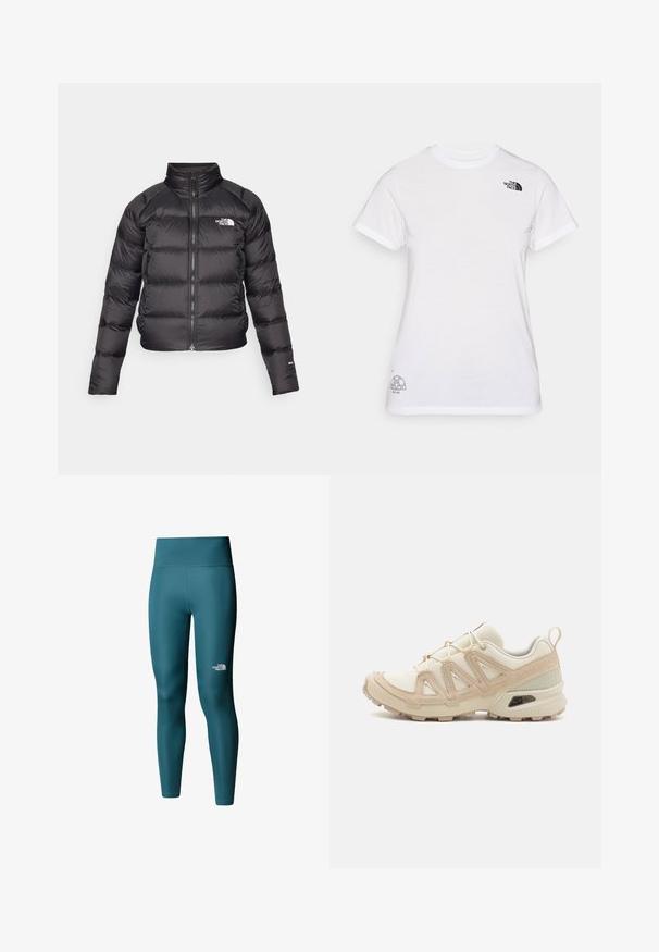 Doudoune noire avec un col montant, fermeture éclair et poches latérales. Présente des sections matelassées et un logo sur la poitrine. Légère, isolante.; T-shirt en coton blanc avec un logo noir sur la poitrine gauche et un design graphique gris en bas à droite. Col rond classique et manches courtes.; The North Face W FLEX 28IN TIGHT - Legging (type pantalon) - space; Baskets de sport beiges et crème avec une tige en mesh texturé, des superpositions de soutien et une semelle en caoutchouc dotée d'un motif de crampons pour une traction.