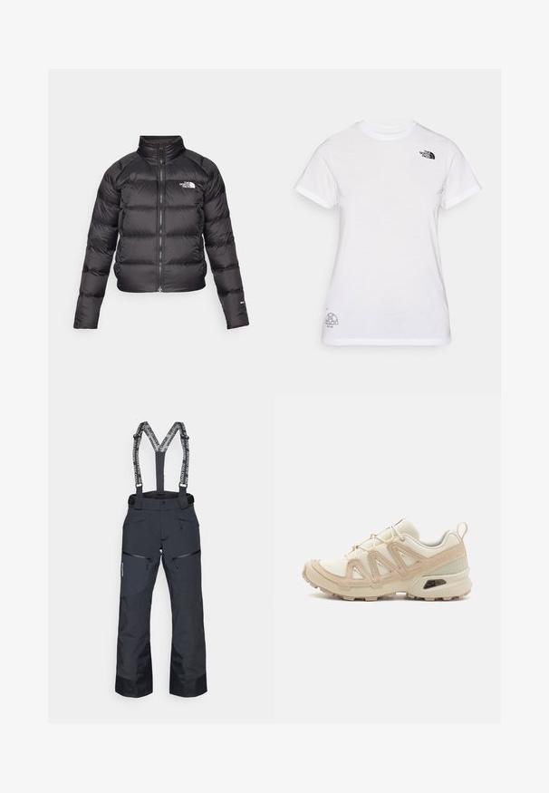 Zwarte gewatteerde jas met een hoge kraag, ritsluiting en zijzakken. Heeft geborduurde secties en een logo op de borst. Lichtgewicht en geïsoleerd.; Witte katoenen t-shirt met een zwart logo op de linkerborst en een grijs grafisch ontwerp rechtsonder. Klassieke ronde hals en korte mouwen.; Zwarte skibroek met verstelbare bretels, ritszakken en textuurpanelen. Voorzien van versterkte boorden voor duurzaamheid.; Beige en crème sportschoen met een textuur-mesh bovenwerk, ondersteunende overlays en een rubberen zool met een profielpatroon voor grip.