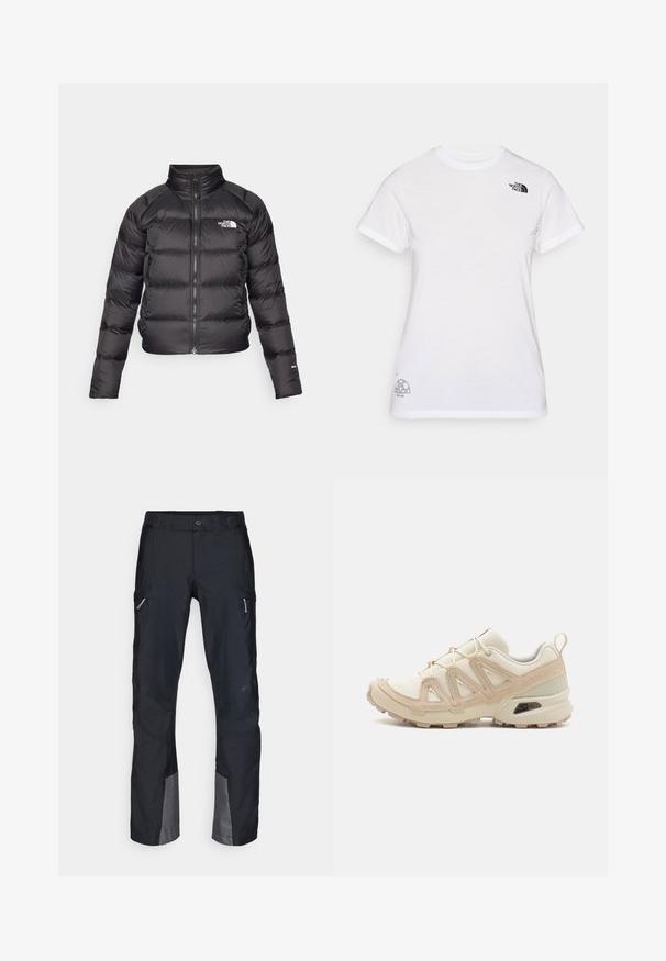 Fekete puffertarka magas gallérral, cipzáras záródással és oldalsó zsebekkel. Töltött részekkel és logóval a mellkason rendelkezik. Könnyű, hőszigetelt.; Fehér pamut póló, bal mellen fekete logóval és a jobb alsó sarokban szürke grafikai dizájnnal. Klasszikus kerek nyakú és rövid ujjú.; Fekete cargo nadrág, tartós anyagból készült, oldalsó zsebekkel, megerősített térdekkel és szürke részletekkel az alján. Kültéri használatra tervezve.; Beige és krém színű sportcipő, texturált hálós felsőrésszel, támogató burkolattal és gumitalppal, amely tapadás érdekében bordázott mintázattal rendelkezik.