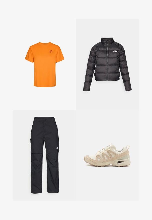 Must musternakk, millel on kõrge krae, tõmblukk ja küljetaskud. Omab tikitud osi ja logo rinna peal. Kerge ja isoleeritud.; Oranž puuvillane T-särk lühikeste varrukatega, klassikalise ümmarguse kaelusega ja väike lilla logo vasakul rinnal. Sile tekstuur, mugav lõige.; Mustad nailonist valmistatud eemaldatavad cargo-püksid, reguleeritavate pahkluudega, mitmete taskutega ja paremal jalal logoga. Sile, kerge tekstuur.; Beež ja koobalti spordijalats tekstureeritud võrkkattega, toetavad ülemised kihid ja kummist tallaga, millel on mustriga joonistus haardeks.