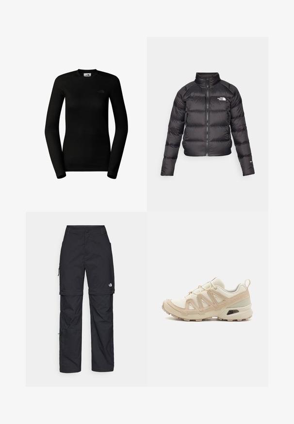 Black puffer jacket with a high collar, zip closure, and side pockets. Features quilted sections and a logo on the chest. Lightweight, insulated.; The North Face W EASY L/S CREW NECK - Long sleeved top - tnf black; Black nylon zip-off cargo trousers with adjustable cuffs, multiple pockets, and a logo on the right leg. Smooth, lightweight texture.; Beige and cream athletic shoe with textured mesh upper, supportive overlays, and rubber outsole featuring a tread pattern for traction.
