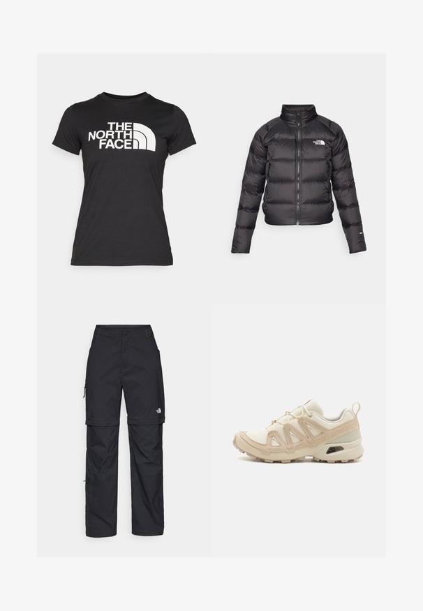 Jachetă puffer neagră cu guler înalt, închidere cu fermoar și buzunare laterale. Prezintă secțiuni matlasate și un logo pe piept. Ușoară, izolată.; Tricou negru din bumbac, cu mâneci scurte. Prezintă un text mare alb cu logo și un grafic curbat pe față. Textură netedă.; Pantaloni cargo din nylon negru, cu fermoar detașabil, manșete ajustabile, multiple buzunare și un logo pe piciorul drept. Textură netedă și ușoară.; Pantofii sport bej și crem au un superior din plasă texturată, suprapuneri de susținere și o talpă din cauciuc cu un model de profil pentru aderență.