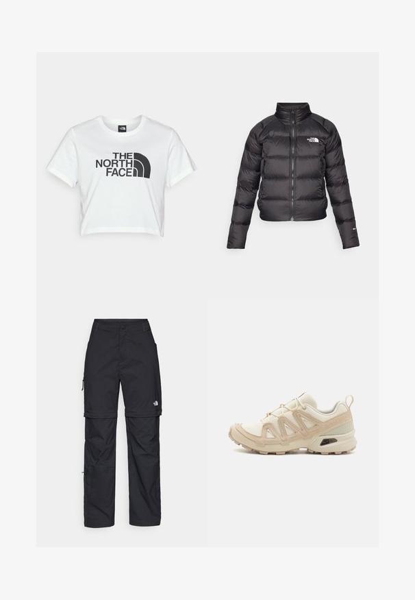 Fekete puffertarka magas gallérral, cipzáras záródással és oldalsó zsebekkel. Töltött részekkel és logóval a mellkason rendelkezik. Könnyű, hőszigetelt.; Fehér, rövidített pamut póló, amelynek elülső részén található egy nagy fekete "THE NORTH FACE" logó és az ikonikus félkupola grafika.; Fekete nylon zipzáras cargo nadrág állítható mandzsettával, több zsebbel és logóval a jobb lábon. Simább, könnyű textúra.; Beige és krém színű sportcipő, texturált hálós felsőrésszel, támogató burkolattal és gumitalppal, amely tapadás érdekében bordázott mintázattal rendelkezik.