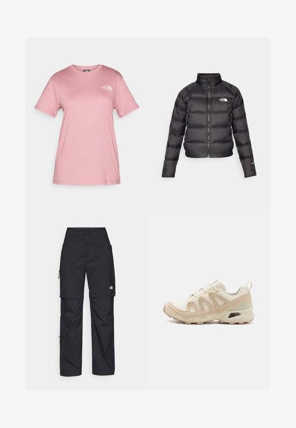 Svart pufferjakke med høy krage, glidelås og sidelommer. Har quiltede seksjoner og en logo på brystet. Lett og isolert.; Lys rosa kortermet T-skjorte laget av myk bomull med rund hals og en liten hvit logo av "The North Face" på brystet.; Svarte nylon cargo-bukser med glidelås og justerbare mansjetter, flere lommer og en logo på høyre bein. Glatt, lett tekstur.; Beige og krem joggesko med teksturert mesh-overdel, støttende overlegg og gummisåle med et mønster for godt grep.