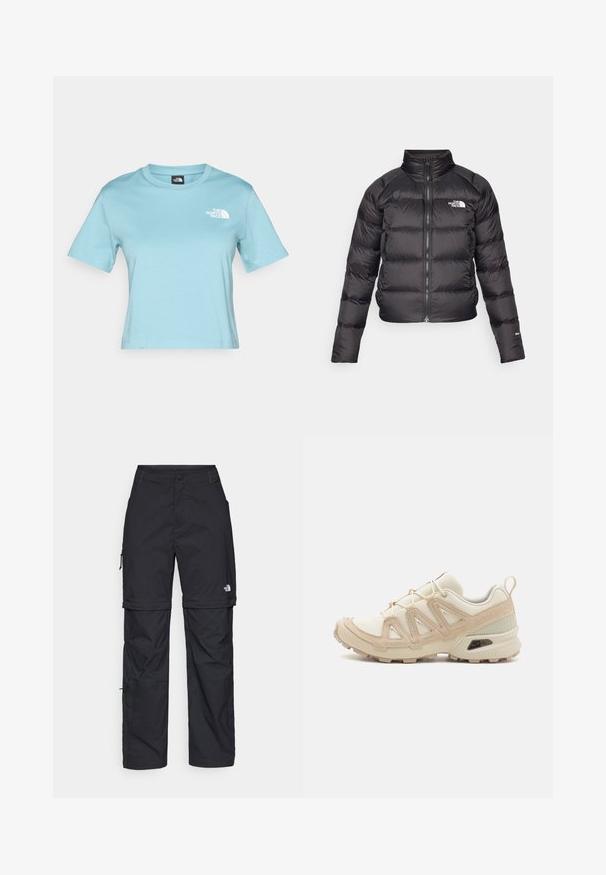 Casaco acolchoado preto com gola alta, fecho de correr e bolsos laterais. Apresenta secções acolchoadas e um logo no peito. Leve e isolado.; Camiseta de algodão azul claro com mangas curtas e decote redondo. Apresenta um pequeno logotipo branco no peito e um design de ajuste descontraído.; Calças cargo pretas em nylon com fechos de correr removíveis, punhos ajustáveis, múltiplos bolsos e um logótipo na perna direita. Textura suave e leve.; Sapatilha atlética beige e creme com parte superior em malha texturizada, sobreposições de suporte e sola de borracha com um padrão de cravo para tração.