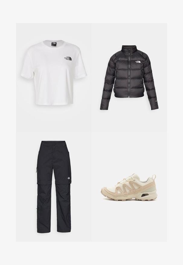 Schwarze gefütterte Jacke mit hohem Kragen, Reißverschluss und Seitentaschen. Verfügt über gesteppte Abschnitte und ein Logo auf der Brust. Leicht und isoliert.; Weißes, kurzes T-Shirt aus Baumwolle mit Rundhalsausschnitt und kurzen Ärmeln. Mit einem schwarzen Logo auf der linken Brust.; Schwarze Nylon-Zip-Off-Cargohosen mit verstellbaren Bündchen, mehreren Taschen und einem Logo am rechten Bein. Glatte, leichte Textur.; Beige und cremefarbenen Sportschuh mit strukturiertem Mesh-Obermaterial, unterstützenden Überzügen und Gummisohle mit einem Profilmuster für Bodenhaftung.