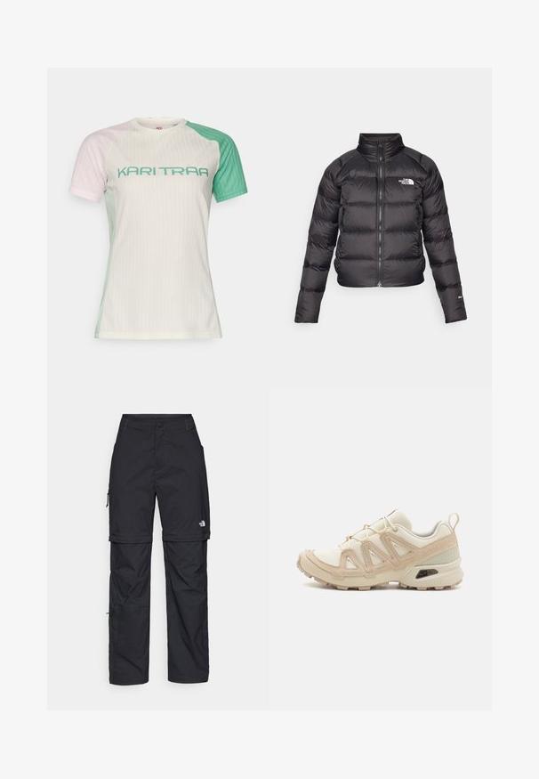 Black puffer jacket with a high collar, zip closure, and side pockets. Features quilted sections and a logo on the chest. Lightweight, insulated.; Short-sleeve athletic shirt with a ribbed texture. Colors include light pink, green, and white. Features bold "KARI TRAA" lettering in teal.; Black nylon zip-off cargo trousers with adjustable cuffs, multiple pockets, and a logo on the right leg. Smooth, lightweight texture.; Beige and cream athletic shoe with textured mesh upper, supportive overlays, and rubber outsole featuring a tread pattern for traction.