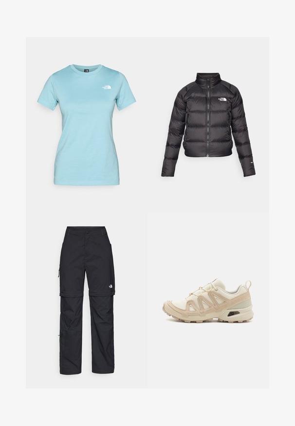 Crna puf jakna s visokim ovratnikom, zatvaranjem na patentni zatvarač i bočnim džepovima. Ima šivene sekcije i logo na prsima. Lagana, izolirana.; Svijetloplava pamučna majica s kratkim rukavima i okruglim izrezom; sadrži mali bijeli logo na gornjem lijevom dijelu prsnog koša.; Crne najlon hlače s munjevim zatvaranjem, odvojive cargo hlače s podesivim manžetama, brojnim džepovima i logom na desnoj nozi. Glatka, lagana tekstura.; Bež i kremasti sportski tenisice s teksturiranim mrežastim gornjim dijelom, potpornih preklopa i gumeni potplat s uzorcima za prianjanje.