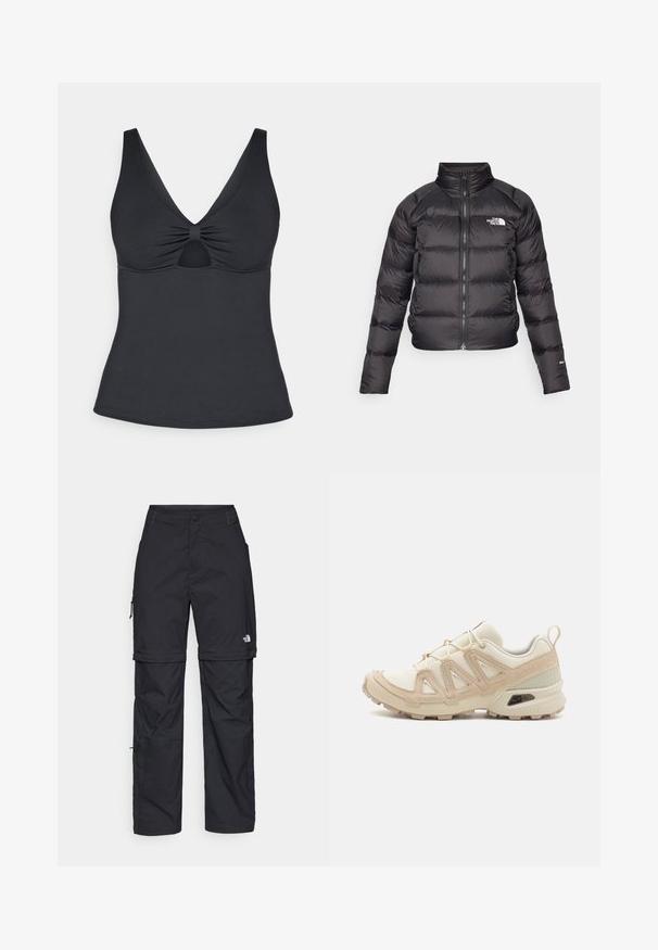 Svart pufferjakke med høy krage, glidelås og sidelommer. Har quiltede seksjoner og en logo på brystet. Lett og isolert.; Svart tanktop med dyp V-hals, samlet detalj i midten, og et nøkkelhullsutsnitt under. Glatt tekstur og tettsittende design.; Svarte nylon cargo-bukser med glidelås og justerbare mansjetter, flere lommer og en logo på høyre bein. Glatt, lett tekstur.; Beige og krem joggesko med teksturert mesh-overdel, støttende overlegg og gummisåle med et mønster for godt grep.