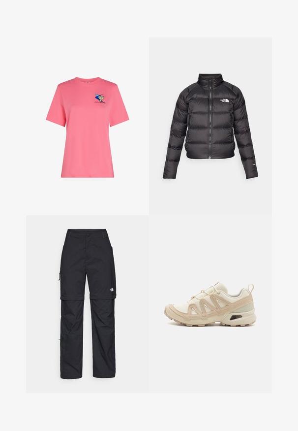 Schwarze gefütterte Jacke mit hohem Kragen, Reißverschluss und Seitentaschen. Verfügt über gesteppte Abschnitte und ein Logo auf der Brust. Leicht und isoliert.; Kurzärmliges, pinkes Baumwoll-T-Shirt mit einem blauen Stern und gelbem Grafikdesign. Klassische Passform mit Rundhalsausschnitt. Weicher Stoff.; Schwarze Nylon-Zip-Off-Cargohosen mit verstellbaren Bündchen, mehreren Taschen und einem Logo am rechten Bein. Glatte, leichte Textur.; Beige und cremefarbenen Sportschuh mit strukturiertem Mesh-Obermaterial, unterstützenden Überzügen und Gummisohle mit einem Profilmuster für Bodenhaftung.