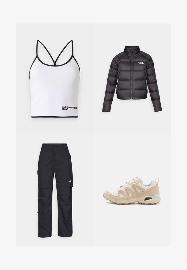 Must musternakk, millel on kõrge krae, tõmblukk ja küljetaskud. Omab tikitud osi ja logo rinna peal. Kerge ja isoleeritud.; Valge ribadega lühike topp musta äärisega, millel on õhukesed reguleeritavad õlapaelad ja ees musta kangast tikandiga tekst "KARL LAGERFELD JEANS".; Mustad nailonist valmistatud eemaldatavad cargo-püksid, reguleeritavate pahkluudega, mitmete taskutega ja paremal jalal logoga. Sile, kerge tekstuur.; Beež ja koobalti spordijalats tekstureeritud võrkkattega, toetavad ülemised kihid ja kummist tallaga, millel on mustriga joonistus haardeks.