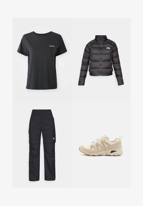 Black puffer jacket with a high collar, zip closure, and side pockets. Features quilted sections and a logo on the chest. Lightweight, insulated.; Black cotton t-shirt with short sleeves, round neckline, and small white Columbia Sportswear logo on the left chest area.; Black nylon zip-off cargo trousers with adjustable cuffs, multiple pockets, and a logo on the right leg. Smooth, lightweight texture.; Beige and cream athletic shoe with textured mesh upper, supportive overlays, and rubber outsole featuring a tread pattern for traction.