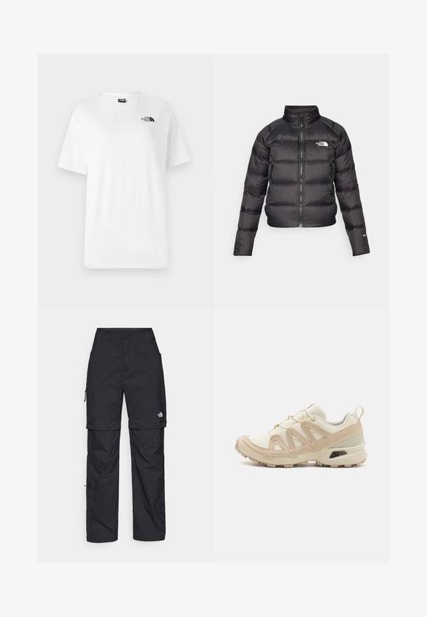 Zwarte gewatteerde jas met een hoge kraag, ritsluiting en zijzakken. Heeft geborduurde secties en een logo op de borst. Lichtgewicht en geïsoleerd.; Witte katoenen T-shirt met korte mouwen, een ronde hals en een klein zwart logo op de bovenkant van de linkerborst. Gladde textuur, normale pasvorm.; Zwarte nylon cargo broek met afneembare pijpen, verstelbare manchetten, meerdere zakken en een logo op het rechterbeen. Gladde, lichte textuur.; Beige en crème sportschoen met een textuur-mesh bovenwerk, ondersteunende overlays en een rubberen zool met een profielpatroon voor grip.