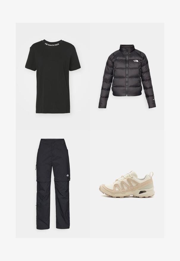 Black puffer jacket with a high collar, zip closure, and side pockets. Features quilted sections and a logo on the chest. Lightweight, insulated.; Black cotton t-shirt with crew neck. Features white "THE NORTH FACE" logo on the collar. Short sleeves and a straight hem.; Black nylon zip-off cargo trousers with adjustable cuffs, multiple pockets, and a logo on the right leg. Smooth, lightweight texture.; Beige and cream athletic shoe with textured mesh upper, supportive overlays, and rubber outsole featuring a tread pattern for traction.