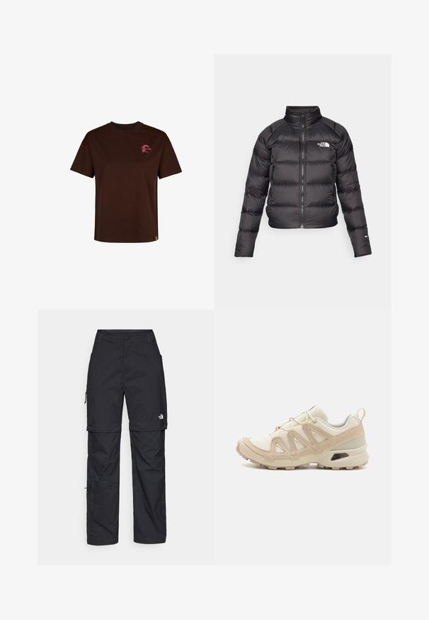 Black puffer jacket with a high collar, zip closure, and side pockets. Features quilted sections and a logo on the chest. Lightweight, insulated.; Brown cotton T-shirt with a round neckline and short sleeves. Features a small pink logo on the chest and a straight hem.; Black nylon zip-off cargo trousers with adjustable cuffs, multiple pockets, and a logo on the right leg. Smooth, lightweight texture.; Beige and cream athletic shoe with textured mesh upper, supportive overlays, and rubber outsole featuring a tread pattern for traction.