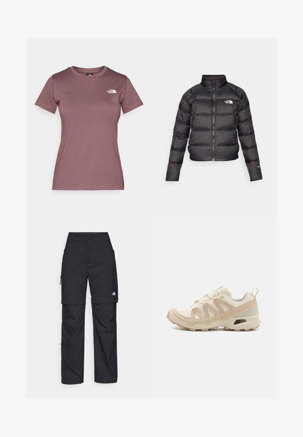 Casaco acolchoado preto com gola alta, fecho de correr e bolsos laterais. Apresenta secções acolchoadas e um logo no peito. Leve e isolado.; T-shirt de manga curta e decote redondo na cor mauve suavizada, feito de tecido macio com um pequeno logo branco no lado esquerdo do peito. Textura suave.; Calças cargo pretas em nylon com fechos de correr removíveis, punhos ajustáveis, múltiplos bolsos e um logótipo na perna direita. Textura suave e leve.; Sapatilha atlética beige e creme com parte superior em malha texturizada, sobreposições de suporte e sola de borracha com um padrão de cravo para tração.