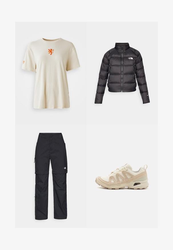 Chaqueta acolchada negra con un alto cuello, cierre de cremallera y bolsillos laterales. Presenta secciones acolchadas y un logo en el pecho. Ligera y aislante.; Camiseta de algodón beige con cuello redondo. Presenta un emblema de león naranja en el pecho y un logo naranja en la manga. Mangas cortas.; Pantalones cargo de nailon negro con cremallera desmontable, puños ajustables, múltiples bolsillos y un logotipo en la pierna derecha. Textura suave y ligera.; Zapatilla deportiva beige y crema con parte superior de malla texturizada, superposiciones de soporte y suela de goma con un patrón de tracción.