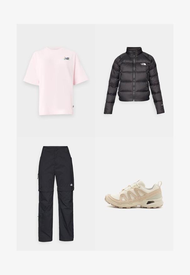 Svart pufferjakke med høy krage, glidelås og sidelommer. Har quiltede seksjoner og en logo på brystet. Lett og isolert.; Kortermet t-skjorte med rund hals i lyserosa bomull, med en fargerik New Balance-logo på venstre bryst. Regular fit, myk tekstur.; Svarte nylon cargo-bukser med glidelås og justerbare mansjetter, flere lommer og en logo på høyre bein. Glatt, lett tekstur.; Beige og krem joggesko med teksturert mesh-overdel, støttende overlegg og gummisåle med et mønster for godt grep.