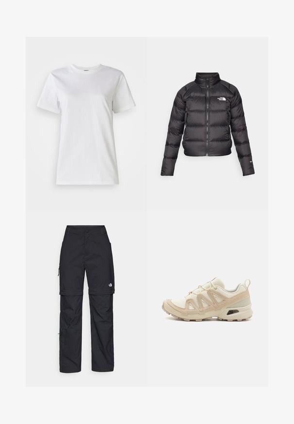 Melna pūkainā jaka ar augstu apkakli, rāvējslēdzēja aizdari un sānu kabatām. Iekļauj iešūtus segmentus un logotipu uz krūts. Viegls, siltināts.; Baltas kokvilnas T-krekls ar apaļu kakla izgriezumu un īsām piedurknēm. Audums ir gluds, ar mīkstu tekstūru un bez redzamām rakstu vai akcentu detaļām.; Melni nailona bikses ar noņemamām kājām, regulējamiem uzmavām, vairākām kabatām un logotipu uz labās kājas. Gluda, viegla tekstūra.; Beige un krēma sporta apavi ar strukturētu tīkla virsmu, atbalstošajiem slāņiem un gumijas zoli ar protektoru rakstu, kas nodrošina saķeri.