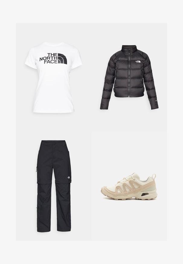 Čierna puffová bunda s vysokým golierom, zipsovým zapínaním a bočnými vreckami. Obsahuje prešívané časti a logo na hrudi. Ľahká, izolačná.; Biela bavlnená tričko s čiernym grafickým potlačou loga "THE NORTH FACE" na prednej strane. Krátke rukávy a okrúhly výstrih.; Čierne nylonové cargo nohavice s odnímateľnými nohavicami, nastaviteľnými manžetami, viacerými vreckami a logom na pravej nohe. Hladká, ľahká textúra.; Beige a krémová športová obuv s textúrovaným sieťovým zvrškom, podporujúcimi prekrytiami a gumovou podrážkou s dezénom pre trakciu.