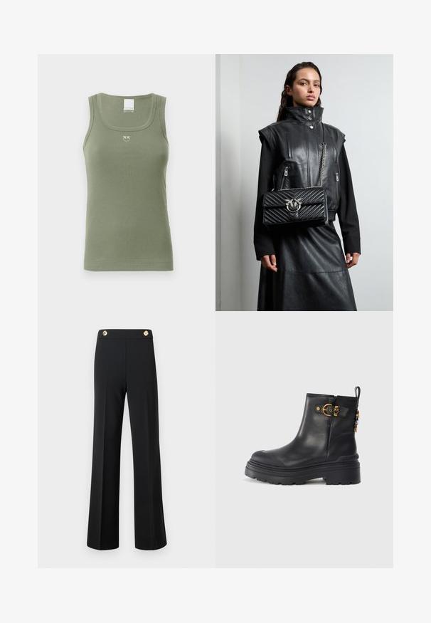 Musta lyhyt puffatorakkia huppu, jossa on tikattu muotoilu, kultasävyiset yksityiskohdat ja nepparit edessä ja taskuissa.; Oliivinvihreä ribattu hihaton paita, jossa on pyöreä pääntie, ohutolkaimet ja pieni logo keskellä rintaa. Pehmeä ja joustava kangas.; Mustat korkeavyötäröiset leveälahkeiset housut, joissa on etusaumat ja kaksi kultakuvioista nappia vyötäröllä, valkoista taustaa vasten.; Mustat nahkaiset nilkkurit, joissa on pyöreä kärki ja paksu kumiulkopohja. Varustettu kultaisilla yksityiskohdilla ja vetotarralla. Liukas pinta.; Musta nahkastakki korkean kauluksen kanssa, vetoketjulliset taskut, ja musta tikattu käsilaukku, jossa on hopeanvärisiä yksityiskohtia, yhdistettynä pitkiin mustiin hameisiin.