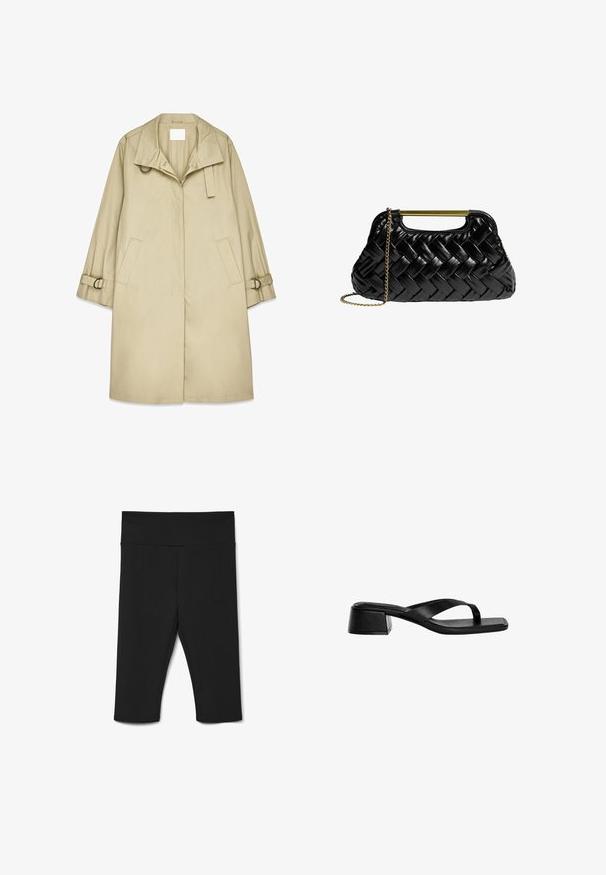 Beige regnrock med en bred krage, framknäppning, sidofickor och spänne på ärmarna. Slätt, lätt tyg med en avslappnad passform.; Vit långärmad blus med strukturerad tyg, V-hals med knytdetalj och utsvängda ärmslut för extra design.; Svarta knälånga leggings i stretchig kvalitet, med en bred midja och platta sömmar för komfort. Inga synliga mönster eller detaljer.; Svarta läderklackar med en tongsandalsdesign, fyrkantig tå och låg klack. Slät textur med minimalistisk stil.; Svart vävd läderhandväska med ett guldmetallhandtag och en avtagbar kedjestraps. Har en glänsande yta och mjuk, rundad form.