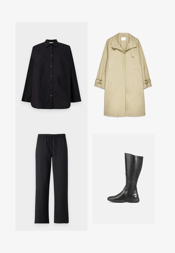 Beige raincoat with a wide collar, front placket, side pockets, and buckle accents on sleeves. Smooth, lightweight fabric with a relaxed fit.; Black button-up shirt made from smooth fabric. Features a collar, long sleeves, a single chest pocket, and a straight hem.; Black trousers made of soft fabric, featuring a drawstring waist, and straight leg cut. No visible patterns or hardware.; Black leather knee-high boot with a smooth finish, rounded toe, and soft sole. Features a modern silhouette and minimal stitching accents.
