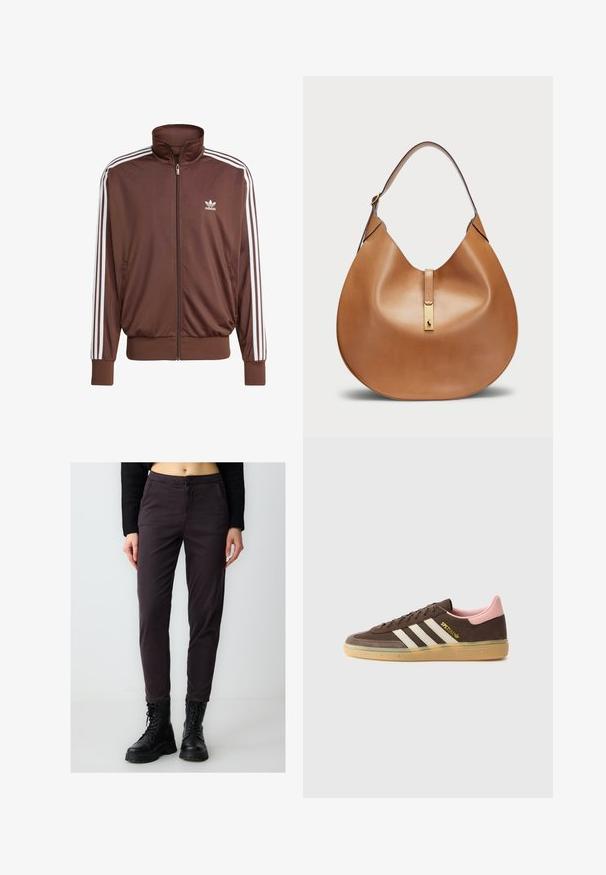 Brązowa kurtka sportowa z poliestru z białymi paskami po bokach, wysokim kołnierzem, przednim zamkiem błyskawicznym i logo Adidas na lewej piersi. Posiada dwie boczne kieszenie.; Biała, długorękawowa sweter, skrócona konstrukcja, miękka faktura, okrągły dekolt, prążkowane mankiety i dół, minimalistyczny styl bez widocznych wzorów lub elementów metalowych.; Ciemnoszare dopasowane spodnie wykonane z mieszanki bawełny, z zapięciem na guzik i bocznymi kieszeniami, w zestawie z czarnymi sznurowanymi botkami.; adidas Originals HANDBALL SPEZIAL UNISEX brązowy; Torba skórzana w kolorze brązowym o zaokrąglonym kształcie i szerokim pasku na ramię. Posiada złoty metalowy akcent na środku oraz gładką fakturę.