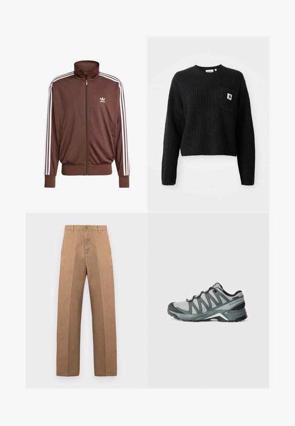 Brown polyester track jacket with white side stripes, high collar, front zipper, and Adidas logo on the left chest. Features two side pockets.; Black ribbed knit sweater with a round neck, long sleeves, and a front pocket featuring a small logo patch. Cropped length.; Brown cotton trousers with a straight leg design, featuring a button closure, belt loops, and minimal seams for a clean look.; Lightweight hiking shoes in gray mesh with dark accents. Features a textured outsole and a cushioned heel for comfort and grip.