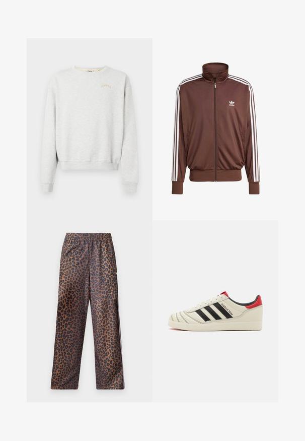 Hnědá polyesterová sportovní bunda s bílými bočními pruhy, vysokým límcem, předním zipem a logem Adidas na levé části hrudi. Obsahuje dvě boční kapsy.; Světle šedá mikina z měkké látky s kulatým výstřihem, žebrovanými manžetami a béžovým vyšitým nápisem "POMPEII".; Kalhoty s leopardím potiskem a elastickým pasem. Vyrobené z lesklé tkaniny, mají hnědou základnu s černými skvrnami a volný střih.; Krémové kožené tenisky s černými pruhy, červenými akcenty na patě a texturovanými detaily. Mají gumovou podrážku a šněrování.
