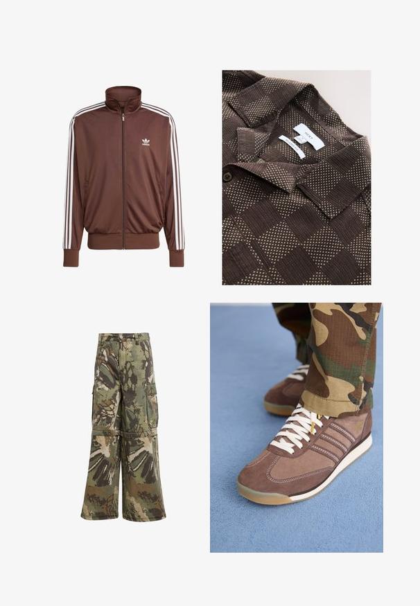 Brun polyester träningsjacka med vita sidostickningar, hög krage, framdragkedja och Adidas-logga på vänster bröst. Har två sidofickor.; Brun mönstrad skjorta med avslappnad passform, subtilt rutigt mönster och lättviktig tyg. Detaljerad krage och knappstängning.; Kamouflage cargobyxor med breda ben, tillverkade av slitstarkt material i gröna, bruna och beige nyanser, med cargofickor och knappstängning.; Bruna mockaskor med vita snöre och ljusa detaljer, med tre ränder på sidorna och en texturerad gummisula.