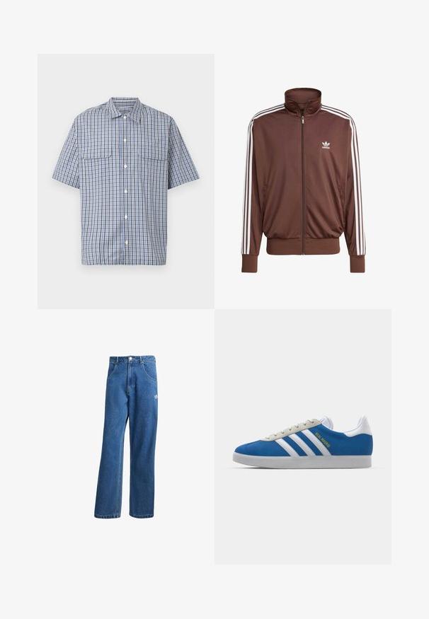 Jachetă de trening din poliester maro, cu dungi albe pe laterale, guler înalt, fermoar frontal și logo-ul Adidas pe pieptul stâng. Dispune de două buzunare laterale.; Cămașă cu mâneci scurte, nasturi, cu model în carouri albastre, albe și negre și două buzunare cu clapetă pe piept, pe fundal alb.; Jeans din denim cu talie înaltă, cu picioare largi, de culoare albastră, cu buzunare frontale, bucle pentru centură, închidere cu nasture și un mic logo Adidas pe coapsa dreaptă.; adidas Originals ADIDAS GAZELLE SHOES - Ghete de fotbal de sală - real madrid/bluebird/footwear white/crew yellow