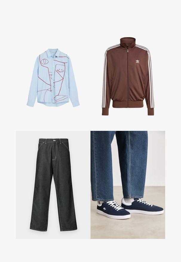 Bruine polyesteren trainingsjak met witte zijstrepen, hoge kraag, ritssluiting aan de voorkant en Adidas-logo op de linkerborst. Heeft twee zijzakken.; Lichtblauwe button-up shirt met rode abstracte borduursels, waaronder ogen en een tandige ontwerp, met een klassieke kraag en lange mouwen.; Donkere denim wijde broek met witte stiknaden, standaard ontwerp met vijf zakken, metalen knoopsluiting en rechte zomen.; Blauwe canvas sneakers met witte veters en rubberen zolen, weergegeven met denim broek en grijze geribbelde sokken, op een lichtgrijze ondergrond.