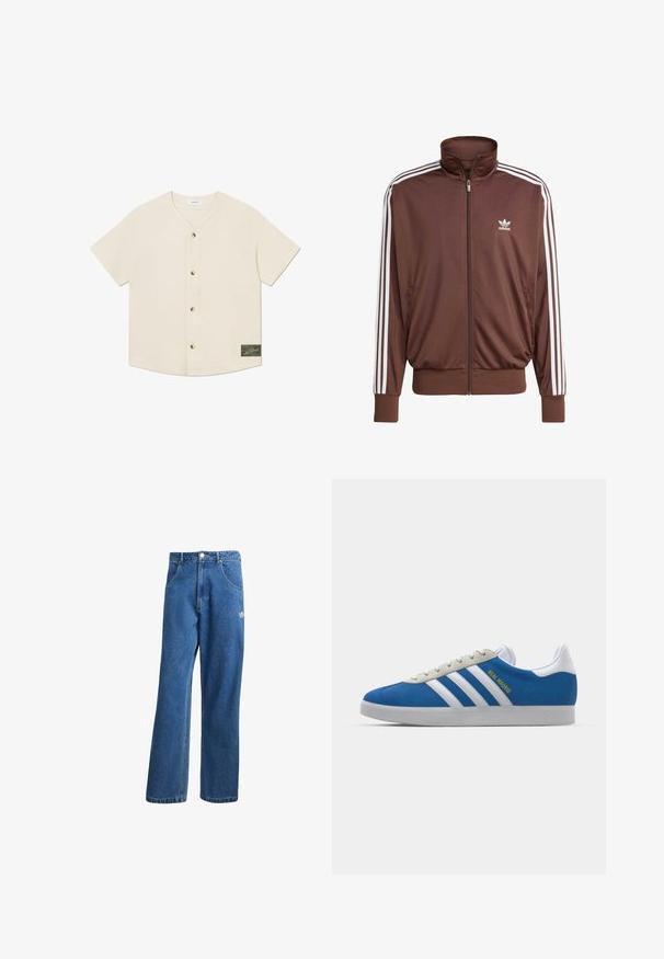 Brun polyester treningsjakke med hvite sidelister, høy krage, frontglidelås og Adidas-logo på venstre bryst. Har to sidelommer.; Kortermet, skjorte med knapper i kremfarget stoff. Har en v-hals, fem brune knapper, og en grønn etikett nederst til høyre.; Blå høyhalsede vide denimjeans med frontlommer, belteholdere, knappelukking og liten Adidas-logo på høyre lår.; adidas Originals ADIDAS GAZELLE SHOES - Innendørsfotballsko - real madrid/bluebird/footwear white/crew yellow