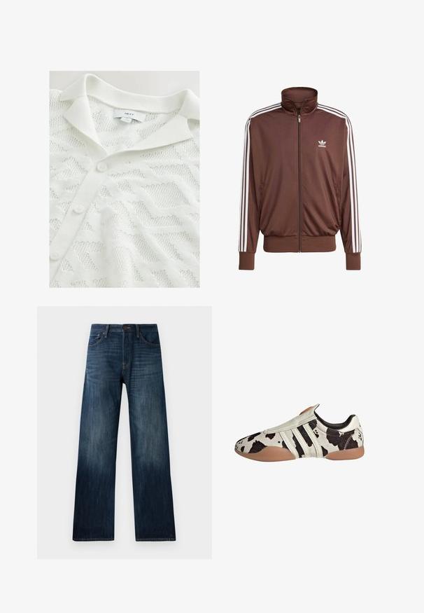 Braune Polyester-Trainingsjacke mit weißen seitlichen Streifen, hohem Kragen, Frontreißverschluss und Adidas-Logo auf der linken Brust. Verfügt über zwei seitliche Taschen.; Weißer gestrickter Cardigan mit einem strukturierten geometrischen Muster, einem Polokragen und drei Knopfverschlüssen auf der Vorderseite.; Drei weiße Tanktops aus geripptem Baumwollstoff. Jedes hat einen runden Halsausschnitt und ein kleines Logotag am Saum. Klassisches, einfaches Design.; Dunkelblaue Jeans aus Denim mit geradem Bein, ausgestattet mit einer leichten Textur, Gürtelschlaufen und einem klassischen Fünf-Taschen-Stil.; Schwarz-weiße gemusterte Lederschuhe mit strukturiertem Finish, ausgestattet mit drei weißen horizontalen Streifen und einer braunen Gummisohle.