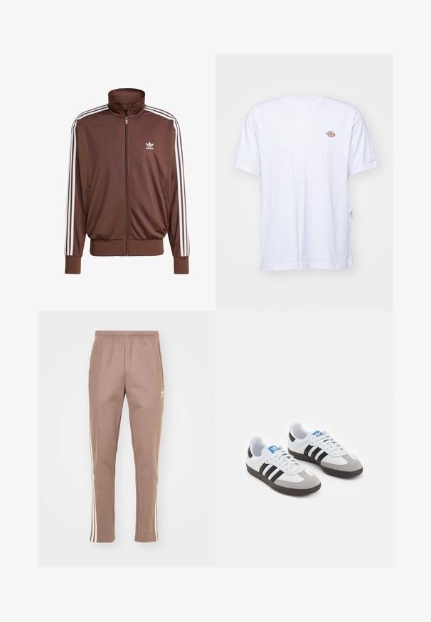 Casaco de treino em poliéster castanho com riscas brancas nas laterais, colarinho alto, fecho éclair à frente e logótipo da Adidas no lado esquerdo do peito. Apresenta dois bolsos laterais.; T-shirt branca de algodão com decote em V e mangas curtas. Apresenta um pequeno logotipo bordado colorido no lado esquerdo do peito. Textura macia.; Calças de treino castanhas com cintura elástica; apresentam duas riscas brancas nas laterais e um logótipo na coxa esquerda; tecido suave e design de perna ajustada.; Ténis desportivos com um cabedal em pele branca, biqueira em camurça cinza e três riscas pretas. Apresenta um logo azul na língua e uma sola de borracha texturizada.