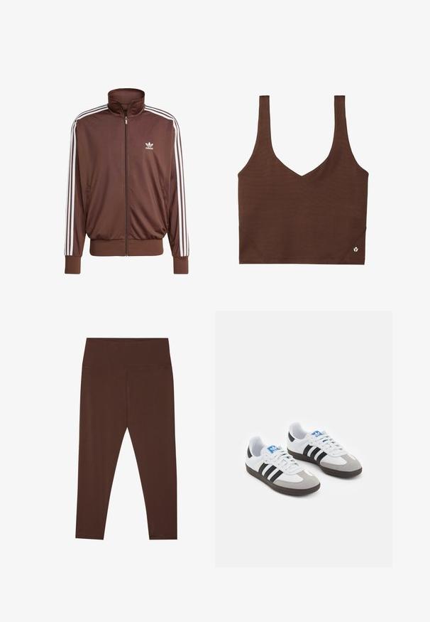 Braune Polyester-Trainingsjacke mit weißen seitlichen Streifen, hohem Kragen, Frontreißverschluss und Adidas-Logo auf der linken Brust. Verfügt über zwei seitliche Taschen.; Braunes Crop-Top mit breiten Schulterriemen, V-Ausschnitt und kleinem weißem Logo unten rechts auf weißem Hintergrund.; Braune, hüfthohe Leggings aus dehnbarem Stoff mit glatter Textur. Sie haben minimale Nähte und ein enganliegendes Design.; Sportschuhe mit einem Obermaterial aus weißem Leder, grauer Wildleder-Zehenkappe und drei schwarzen Streifen. Sie verfügen über ein blaues Logo auf der Zunge und eine strukturierte Gummisohle.