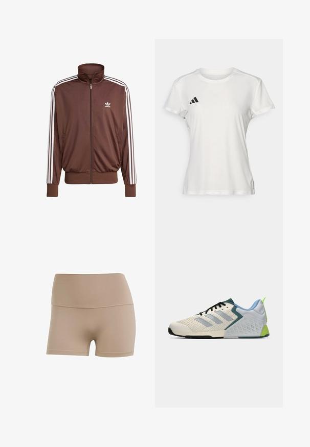 Brun polyester træningsjakke med hvide sidelister, høj krave, frontlynlås og Adidas-logo på venstre bryst. Har to sidelommer.; Hvid atletisk T-shirt lavet af stof, der fugttransporterer. Korte ærmer, rund hals, med sort logo og tre-stribet emblem på venstre bryst.; Nude farvet strækstofshorts med høj talje, glat tekstur og kontrasterende syninger. Designet til komfort og fleksibilitet.; Letvægts sportssko med en cremefarvet mesh-overdel, grå striber, en grøn detalje og en struktureret blå hælkappe. Sorte snørebånd.