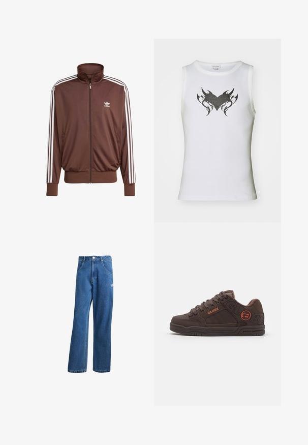 Veste de survêtement en polyester marron avec des bandes blanches sur les côtés, col montant, fermeture éclair sur le devant et logo Adidas sur la poitrine gauche. Elle dispose de deux poches latérales.; Haut sans manches blanc en coton avec un motif de cœur tribal noir au centre. Dispose d'un col rond et d'une texture côtelée.; Jean en denim bleu taille haute, jambes larges, avec poches avant, passants de ceinture, fermeture à bouton et petit logo Adidas sur la cuisse droite.; Chaussures de skate marron avec un col rembourré, un dessus en cuir texturé et un logo en relief. Dotées de lacets épais et d'une semelle en caoutchouc avec des rainures.