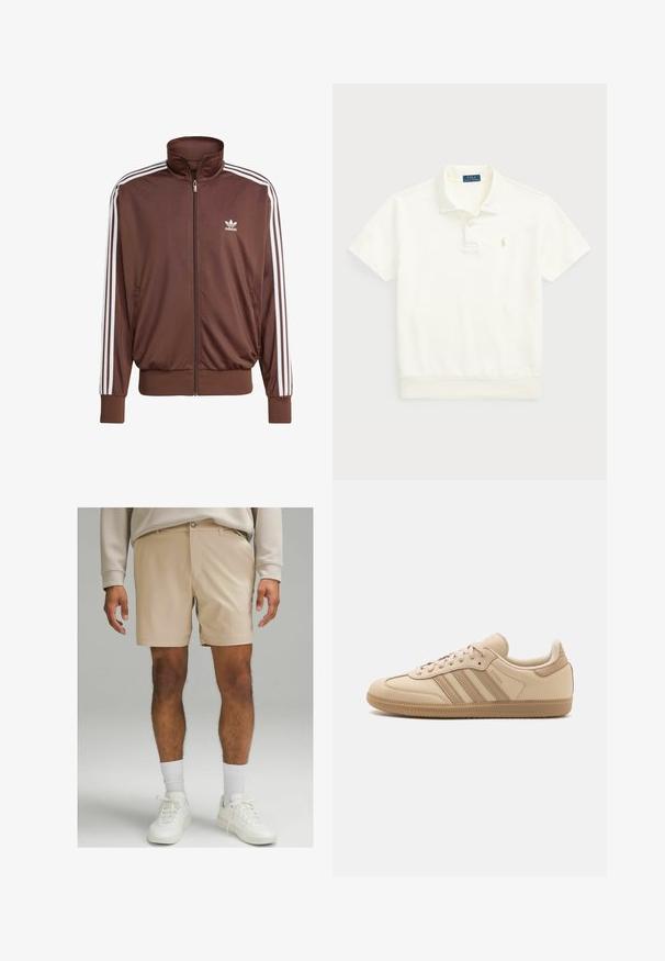 Brun polyester träningsjacka med vita sidostickningar, hög krage, framdragkedja och Adidas-logga på vänster bröst. Har två sidofickor.; Polo Ralph Lauren LOOPBACK FLEECE POLO-COLLAR SWEATSHIRT - Piké - clubhouse cream; Beiga shorts i lättviktsmaterial, med en slät frontdesign, sidfickor och knäppning med knapp. Bärs med vita sneakers och strumpor.; Beiga lädersneakers med tre horisontella ränder, rund tå, platt brun gummisula och mjuk tygfoder på kragen och tungan.